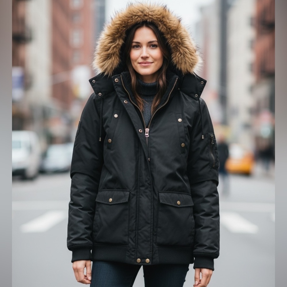 Juicy Couture Black Puffer Coat with Faux Fur Trim - Size XXL